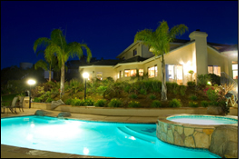 House with pool, evening